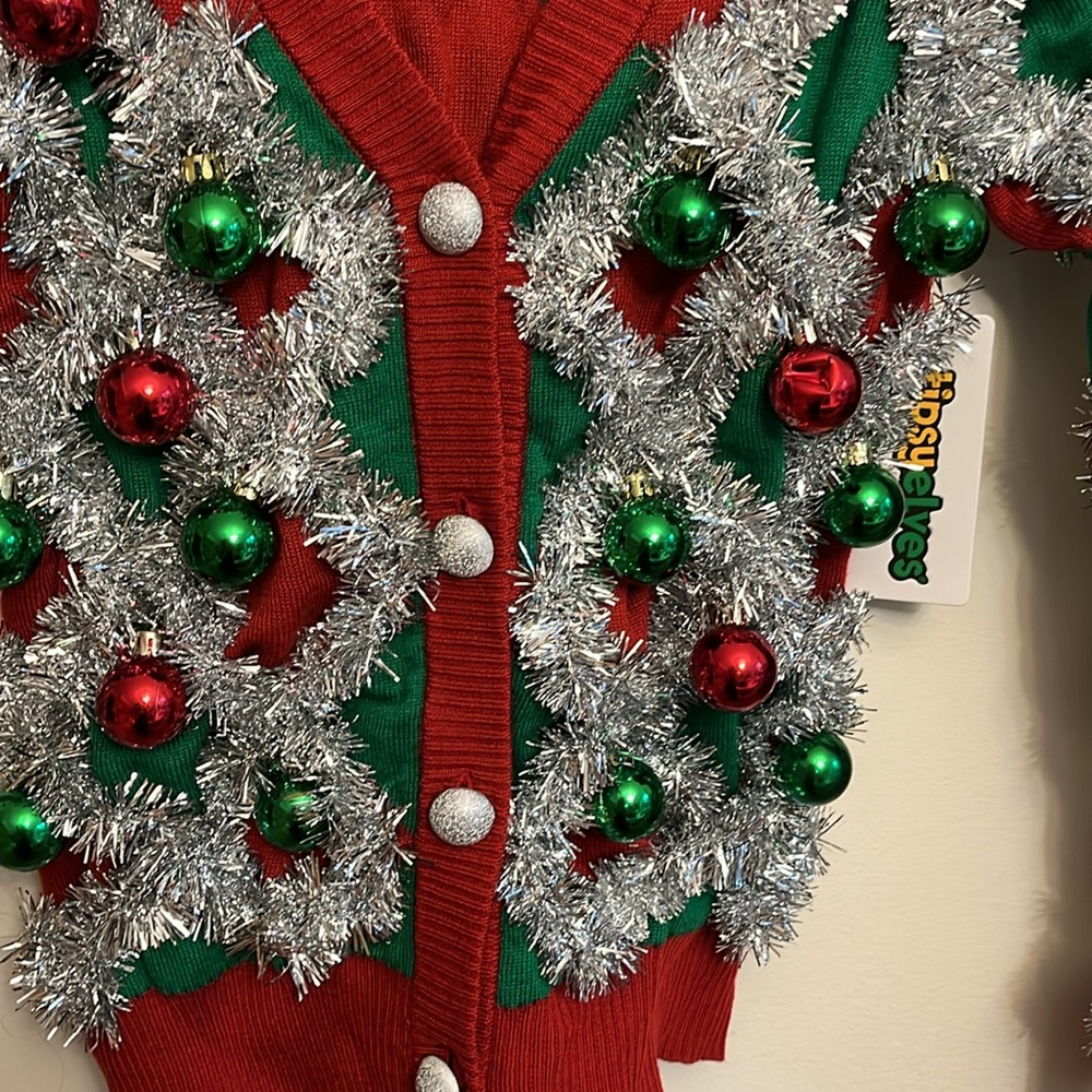 Tipsy Elves ugly Christmas sweater Red and Green Cardigan Sweater - Picture 5 of 6
